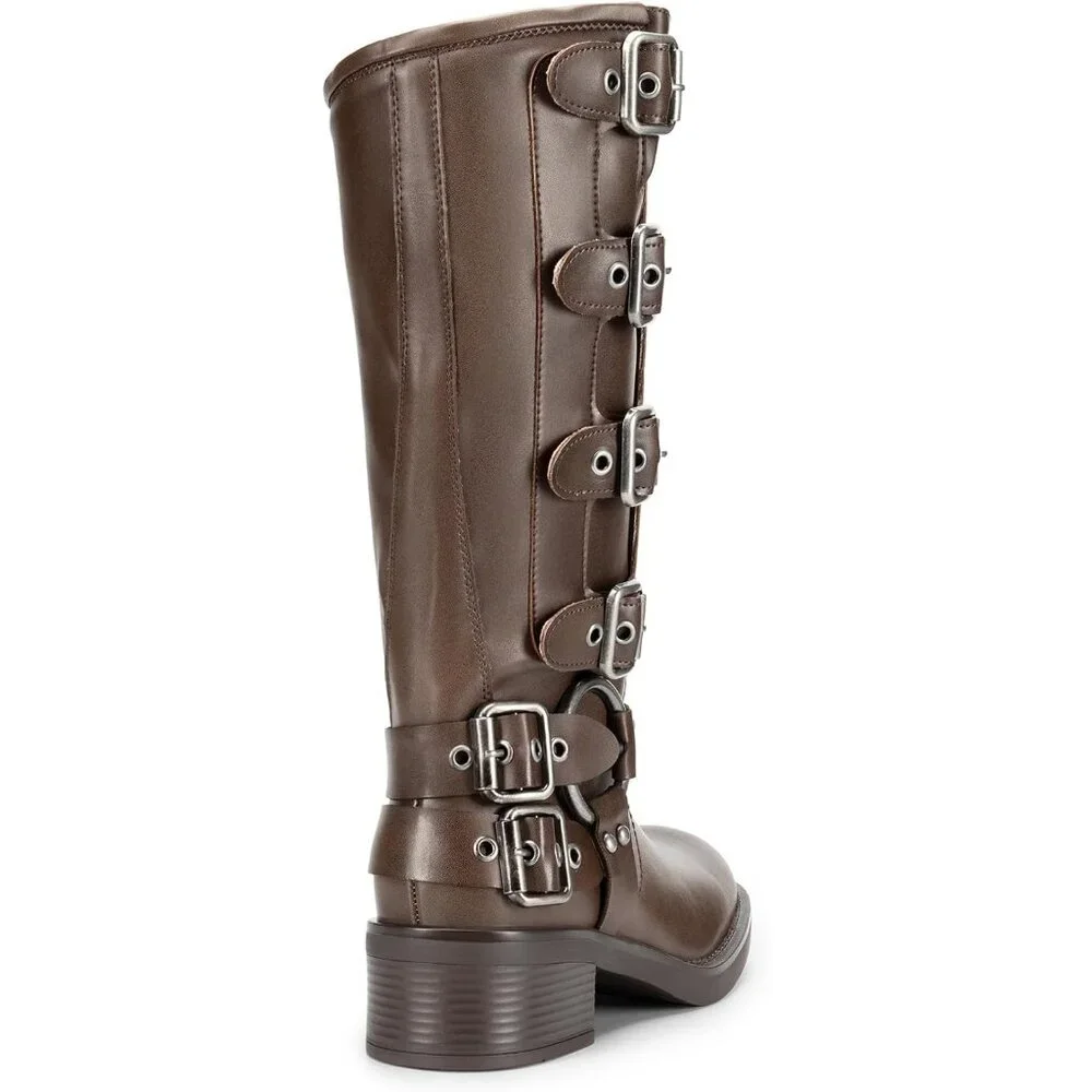 ⚡Women's Tan Polyurethane Knee High Riding Side Zipper Chunky Heel Boots - Picture 3 of 7